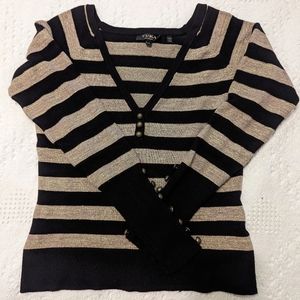 Yuka Black and Gold Striped Sweater with Brass Button Detailing, Petite XS